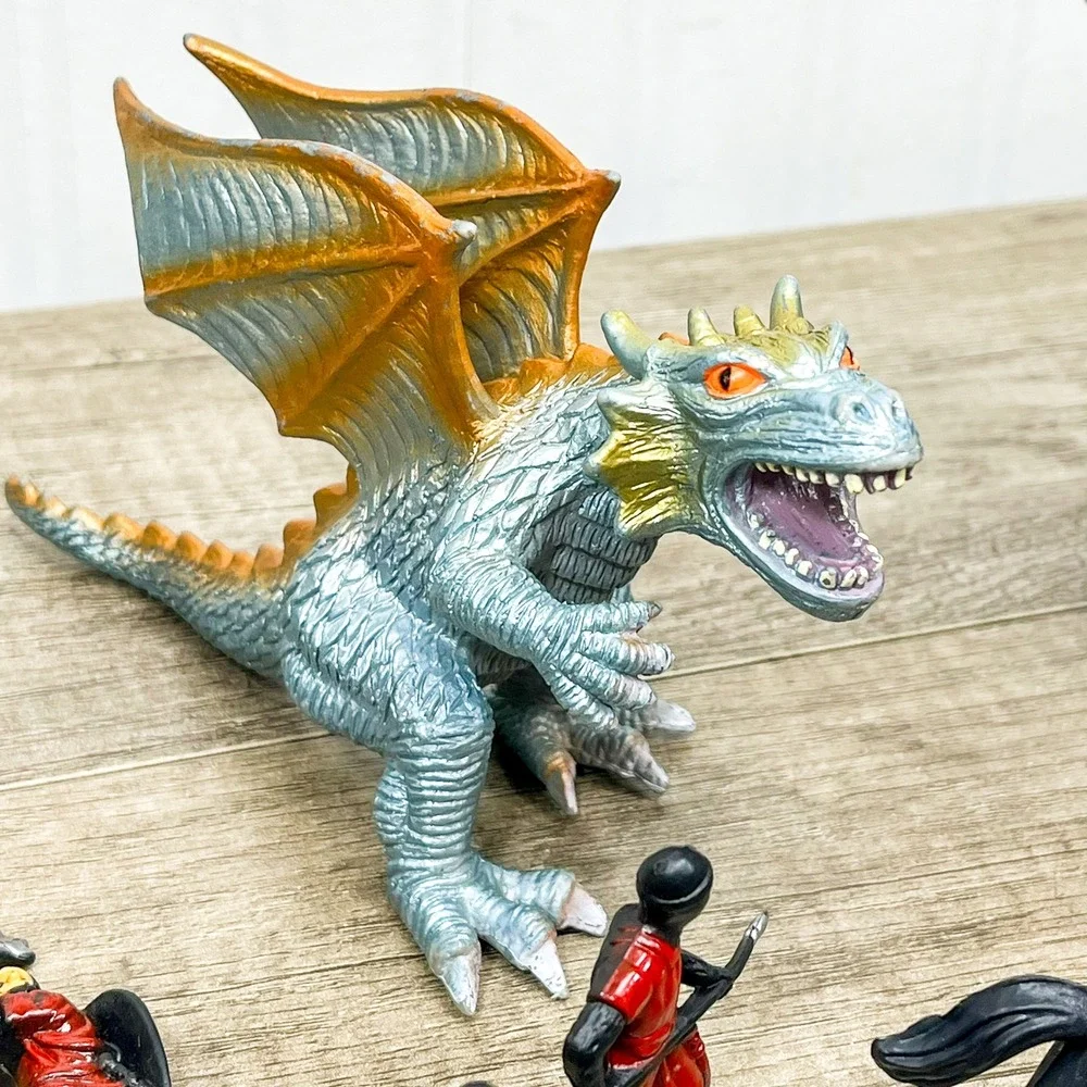 Vintage Plastic Medieval Knights and Dragons Toy Figures Lot Red Silver
